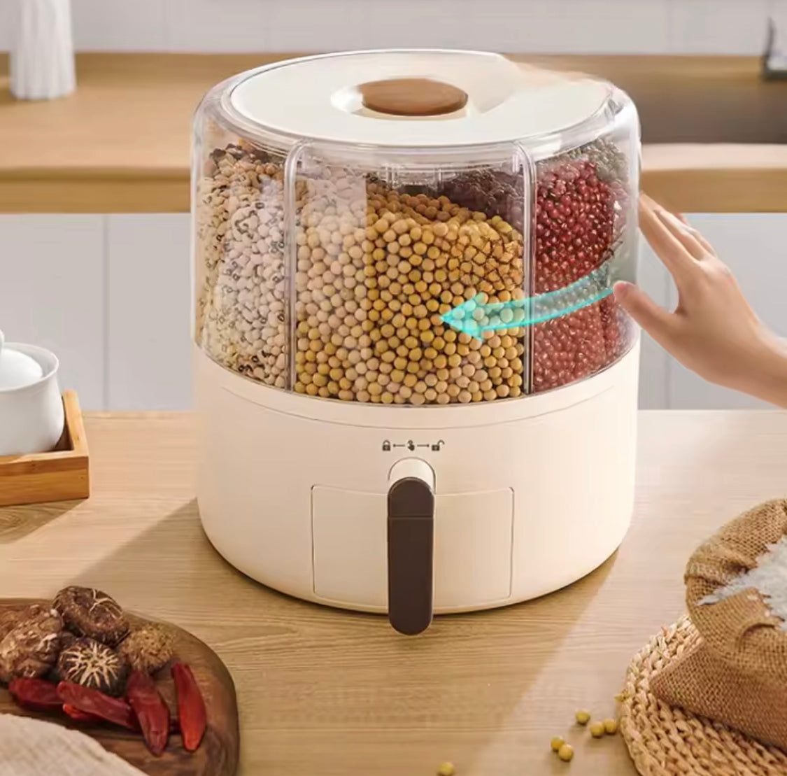 360° Rotating Grain Dispenser, Multi Grain Dispenser Bucket, Moisture Proof Cuisine Organizer, Rotary Partition Sealed Jar, Measuring Container Kitchen Grains Rice Storage Bucket Food Organizer 360° Rotating Grain Dispenser, Multi Grain Dispenser Bucket, Moisture Proof Cuisine Organizer, Rotary Partition Sealed Jar, Measuring Container Kitchen Grains Rice Storage Bucket Food Organizer